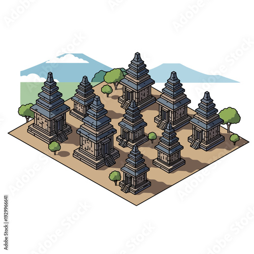 Isometric illustration of a Balinese Hindu temple complex with multiple shrines and mountains in the background.