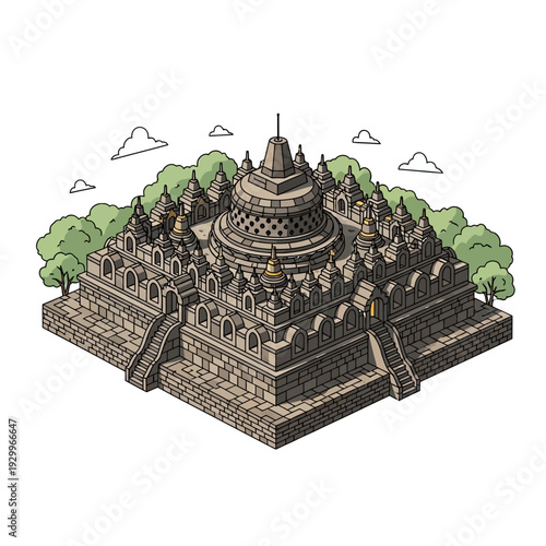 Isometric illustration of Borobudur temple with lush green trees and clouds.