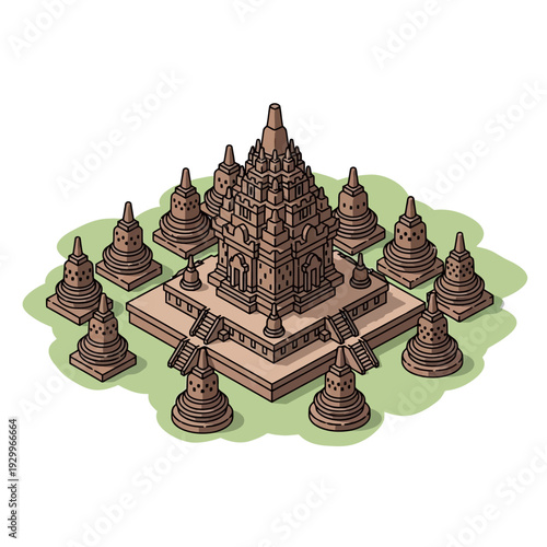 Borobudur Temple Complex Isometric Illustration.
