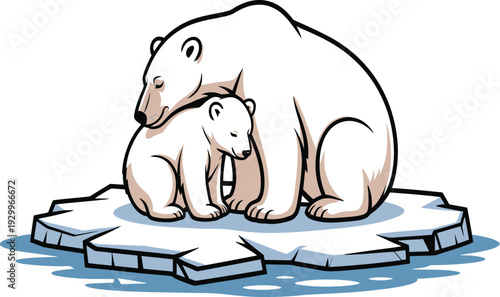 A mother polar bear and her cub sitting on a melting ice floe in the arctic ocean