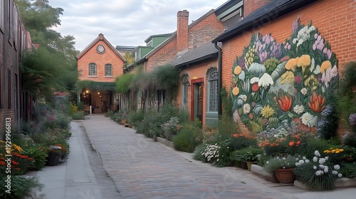 Urban alleyway lined with colorful flowers and art