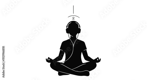 Meditation yoga silhouette with headphones and aura