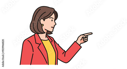A profile illustration of a woman with brown hair wearing a red blazer and yellow shirt pointing her finger towards the right side.