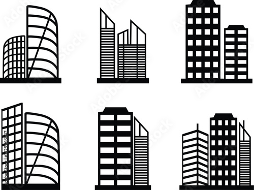 Set of 6 bold skyscraper silhouettes featuring modern architectural designs with curved glass facades and geometric office tower structures.