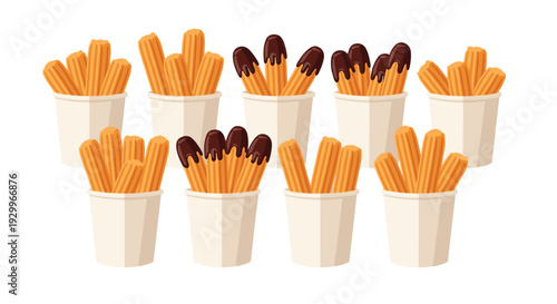 Two rows of white paper cups filled with golden fried churros including portions with dark chocolate coating on the tips of the fried dough.