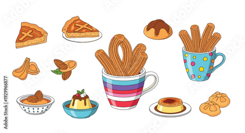 A collection of various traditional Spanish desserts including churros in mugs and flan bowls arranged on a plain white background surface.