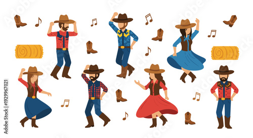 Multiple cowboys and cowgirls in western attire dancing with floating musical notes hay bales and leather boots on a plain white background.