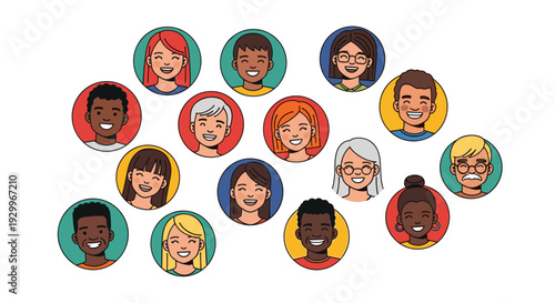 A collection of fifteen diverse circular avatar portraits of people with different skin tones hair styles and expressions in a group.