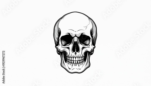Human skull line drawing isolated on white. Detailed skeletal head illustration. Anatomy graphic with empty eye sockets and grinning teeth. Simple bone structure with clean linework.