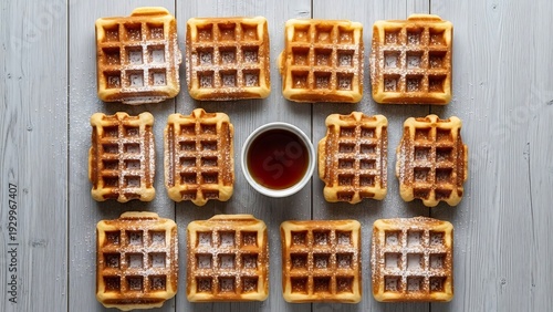 Golden waffles adorned with powdered sugar served with a bowl of syrup