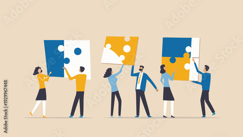 Set of 6 people holding puzzle pieces vector