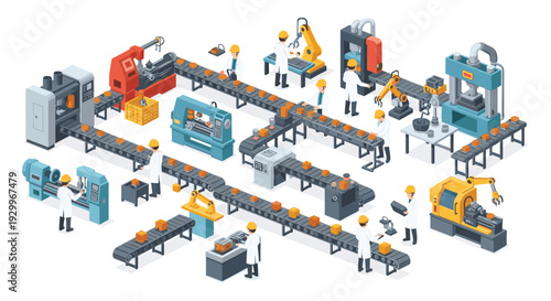 Workers in white coats and hard hats operate robotic arms on an isometric factory floor on a white background.