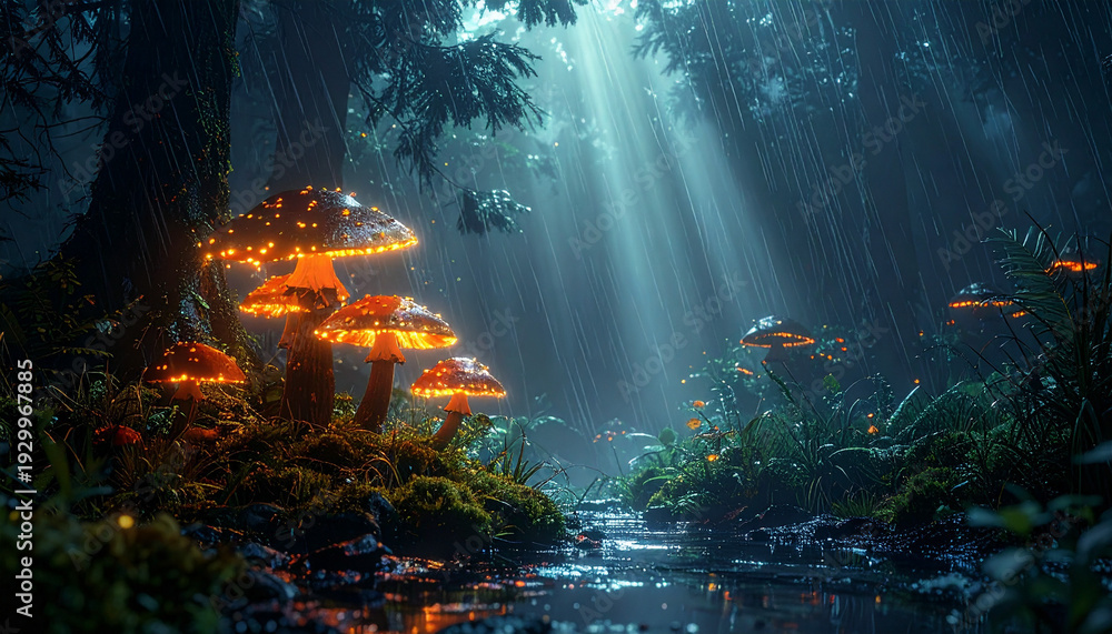 Fototapeta premium 左手に群生する橙の発光キノコが照らす雨の夜の森（3DCG）