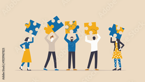 Vector illustration of diverse people holding puzzle pieces
