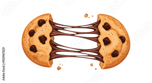 A round chocolate chip cookie is pulled apart into two sections connected by several long strands of melted chocolate.