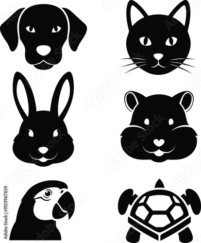 Flat vector icon set of domestic pet heads including a dog, cat, rabbit, hamster, parrot, and turtle, isolated on white for animal care branding.