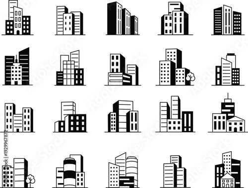 building icons featuring dynamic black and white architectural designs with clean geometric lines and professional perspective.