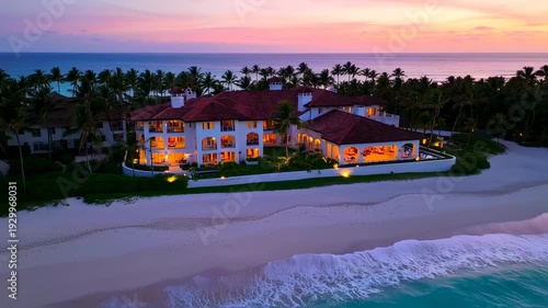 Wallpaper Mural A luxury oceanfront villa basks in sunset hues, illuminated by warm interior lighting Torontodigital.ca