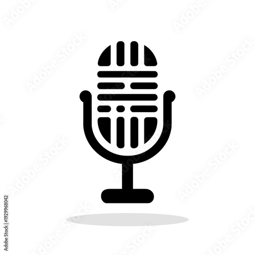 Black silhouette icon of a classic studio microphone on a stand. Concise vector illustration symbolizing broadcasting, podcasting, or sound recording.