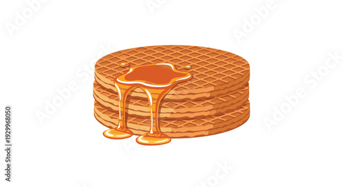 A stack of three round golden waffles with a grid texture is covered in a pool of dripping maple syrup on white.