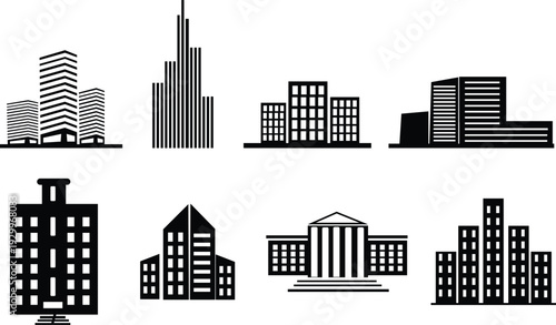 Large-scale vector silhouettes of 8 modern architectural buildings, featuring tall skyscrapers, multi-story office complexes, and institutional structures in a bold black graphic style.