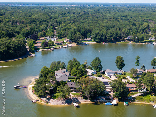  Aerial Area View of Mona Lake in Norton Shores near Muskegon Showing Shoreline and Waterfront  July 2025
