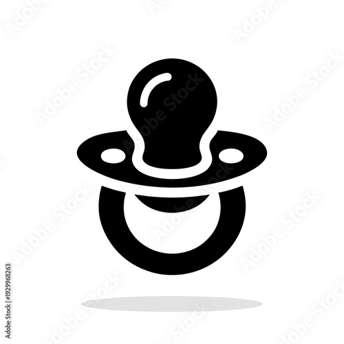 Black silhouette icon of a baby pacifier with a ring and a guard. A concise vector illustration symbolizing infant care or baby products.
