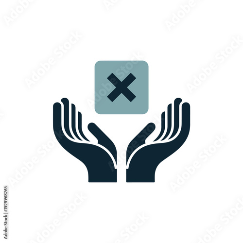 A graphic illustration of two hands holding a square with a large X marked through it.