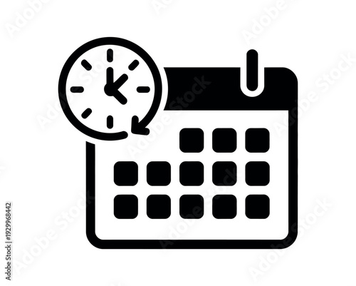 A simple black and white icon of a calendar with a clock on it