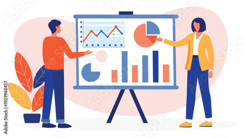 Vector illustration of two people presenting business charts and graphs