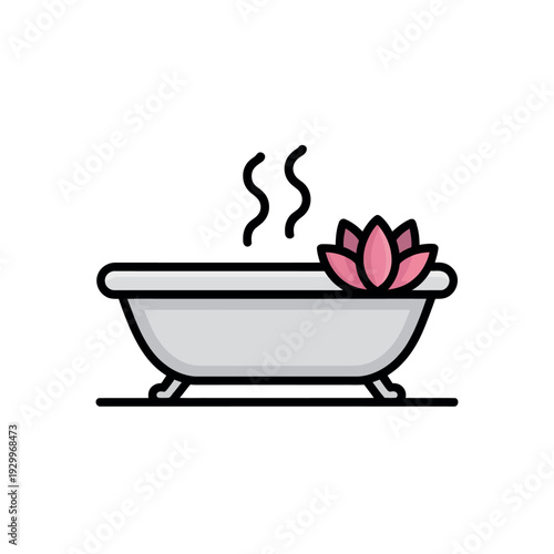 A serene cartoon illustration of a bathtub with a pink lotus flower and steam rising