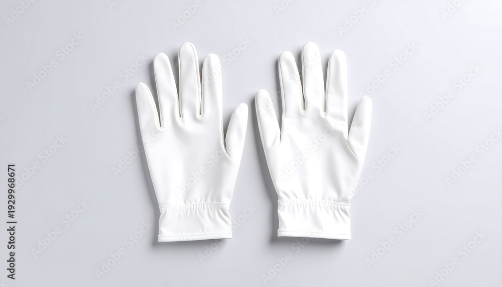 Obraz premium Two white disposable gloves, top-down view on a light gray surface