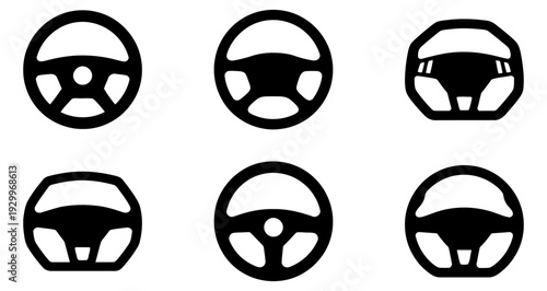 A set of black silhouette icons of a car steering wheel in various designs. A minimalist vector illustration symbolizing driving, transportation, and car service.