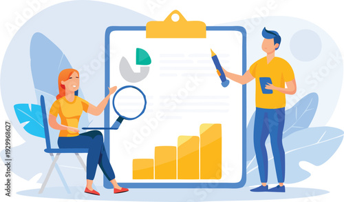Vector illustration of business people analyzing data on clipboard