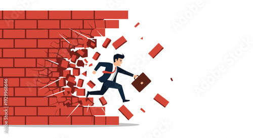 A male professional in a navy suit carrying a brown briefcase jumps through a circular hole in a red brick wall on a white background.