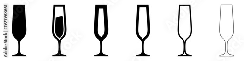 Set of champagne glass icons (flute) presented in various styles: silhouette, with drink level, thick and thin outlines. Vector illustration.