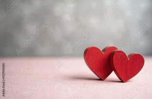 Two red wooden hearts rest on pink surface. Gray textured background implies soft romance. Perfect for Valentines day cards and love concepts.