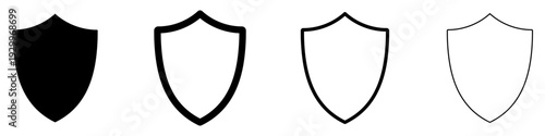 Set of shield icons in various graphic styles: from a solid black silhouette to outlines of different thicknesses. Vector illustration symbolizing protection and security.