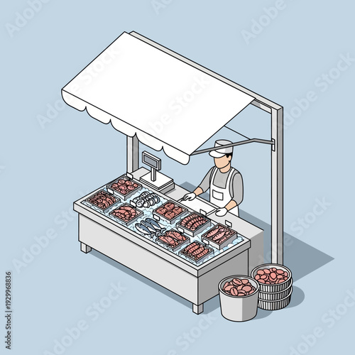 Isometric illustration of a butcher selling meat at an outdoor market stall.