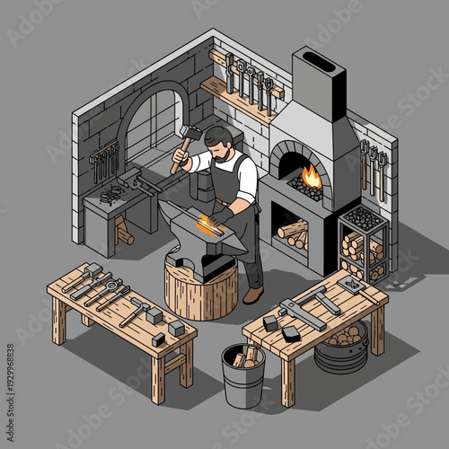 Blacksmith working in a medieval forge with various tools and equipment.