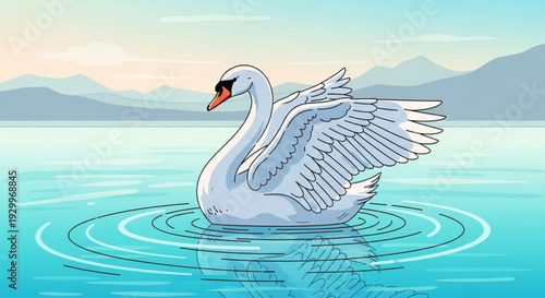 Majestic white swan gliding on serene lake water with mountains in background at sunrise