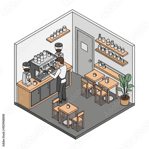 Isometric illustration of a coffee shop with a barista and customers.