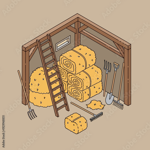 Illustration of a barn with hay bales and gardening tools.