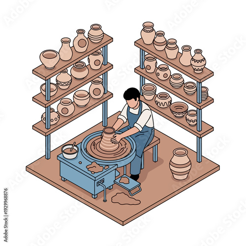 Potter crafting ceramics on a wheel in a workshop with shelves of pottery.