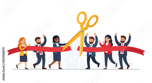 A group of six business professionals cheers while a pair of giant golden scissors cuts a red ribbon in front of a city skyline background.