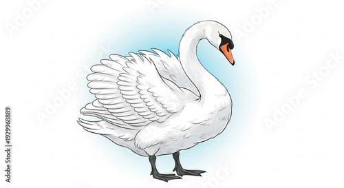 Majestic white swan standing alone with spread wings on soft blue background