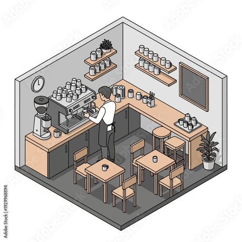 Isometric illustration of a modern coffee shop interior with a barista.