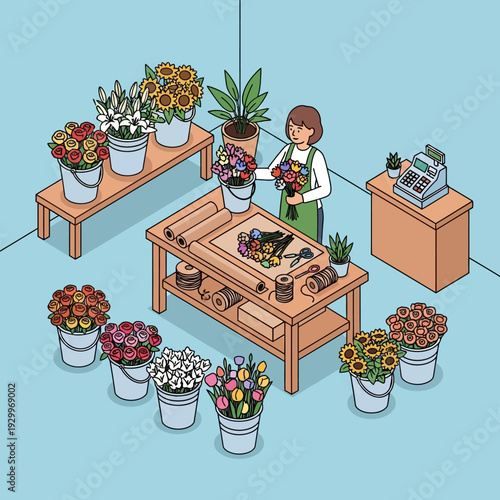 Florist arranging flowers in a shop with various bouquets and plants.