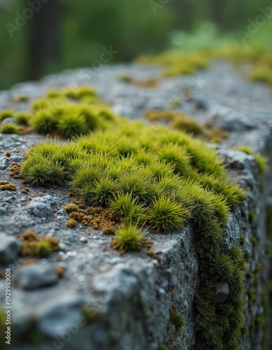 Green moss grows on grey weathered stone surface. Nature texture background detail outdoor in forest. Close up macro view of natural growth.