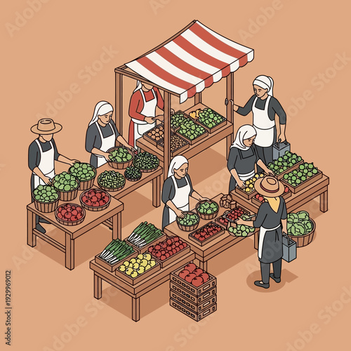 Vibrant Farmers Market Scene with Fresh Produce and Vendors.